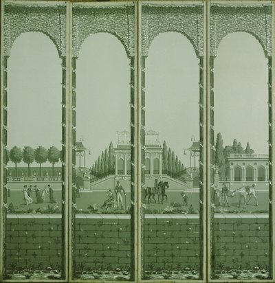 Block-printed monochrome four panelled screen depicting figures in an ornamental garden by Joseph Dufour